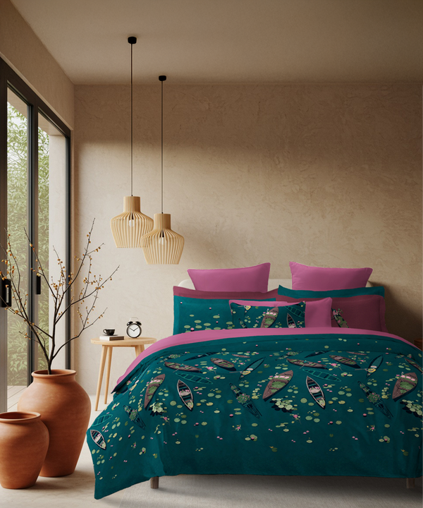 Classic Safarnama King Bedsheet Set, Lakeside Drift | 210 TC Cotton| 4 Pillow Covers