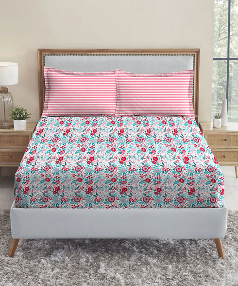 Urban Comfort Queen Bedsheet Set, Gardenia Blooms Pink|144 TC Cotton| 2 Pillow Covers
