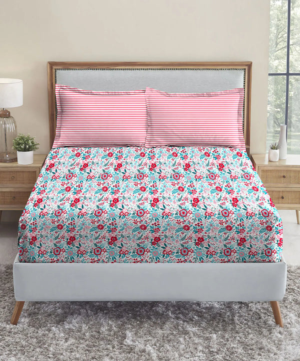 Urban Comfort Queen Bedsheet Set, Gardenia Blooms Pink|144 TC Cotton| 2 Pillow Covers