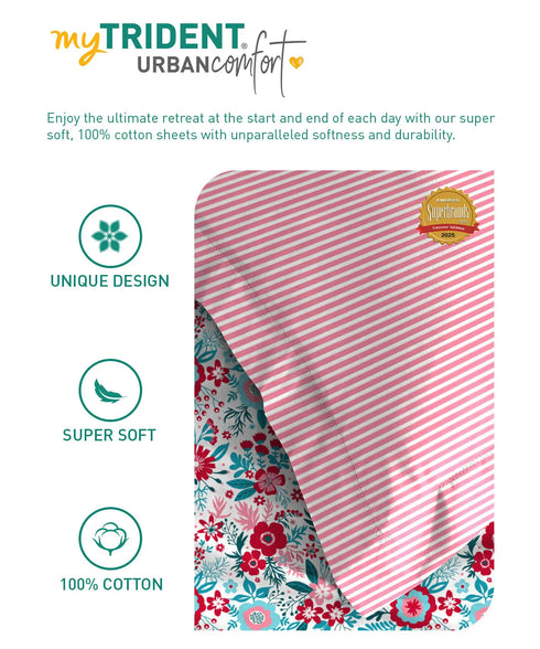 Urban Comfort Queen Bedsheet Set, Gardenia Blooms Pink|144 TC Cotton| 2 Pillow Covers