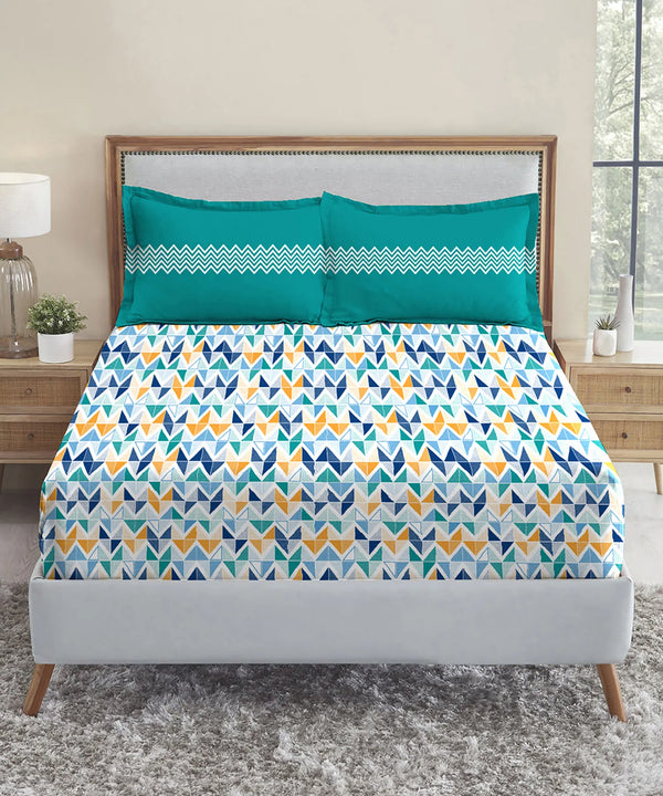 Urban Comfort Queen Bedsheet Set, Trippy Triangles Blue |144 TC Cotton| 2 Pillow Covers