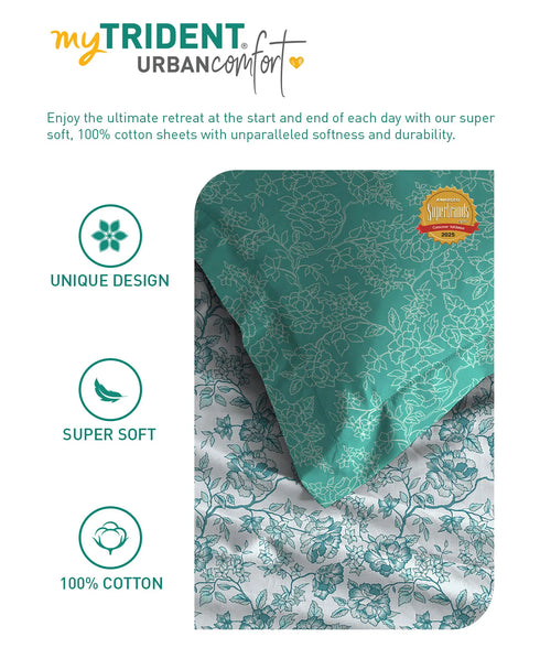 Urban Comfort Queen Bedsheet Set, Juliet Blue |144 TC Cotton| 2 Pillow Covers
