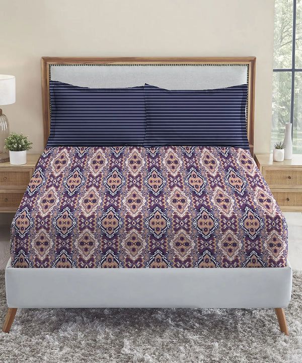 Urban Comfort Queen Bedsheet Set, Modern Indigo |144 TC Cotton| 2 Pillow Covers