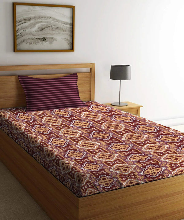 Urban Comfort Single Bedsheet Set, Modern Brown |144 TC Cotton| 1 Pillow Covers