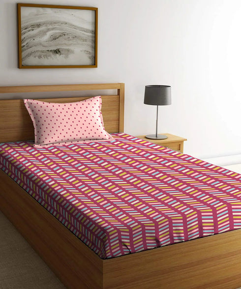 Urban Comfort Single Bedsheet Set, Party Mood Pink |144 TC Cotton| 1 Pillow Covers