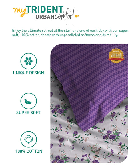 Urban Comfort Single Bedsheet Set, Sunset Purple |144 TC Cotton| 1 Pillow Covers