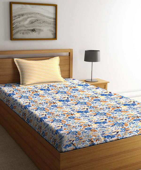 Urban Comfort Single Bedsheet Set, Gardenia Blooms Blue |144 TC Cotton| 1 Pillow Covers
