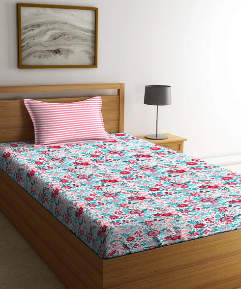 Urban Comfort Single Bedsheet Set, Gardenia Blooms Pink |144 TC Cotton| 1 Pillow Covers