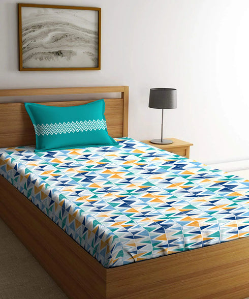 Urban Comfort Single Bedsheet Set, Trippy Triangles Blue |144 TC Cotton| 1 Pillow Covers