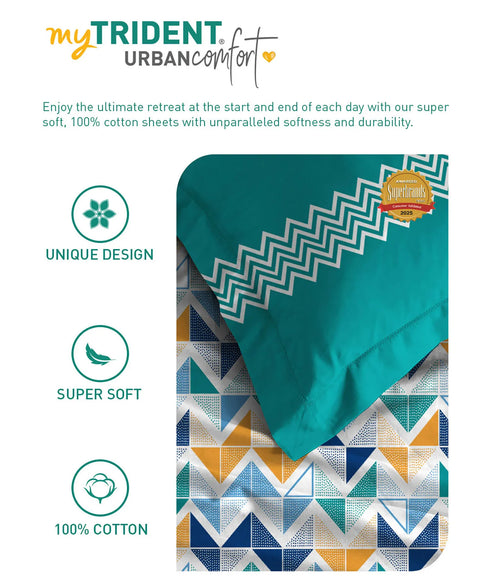 Urban Comfort Single Bedsheet Set, Trippy Triangles Blue |144 TC Cotton| 1 Pillow Covers