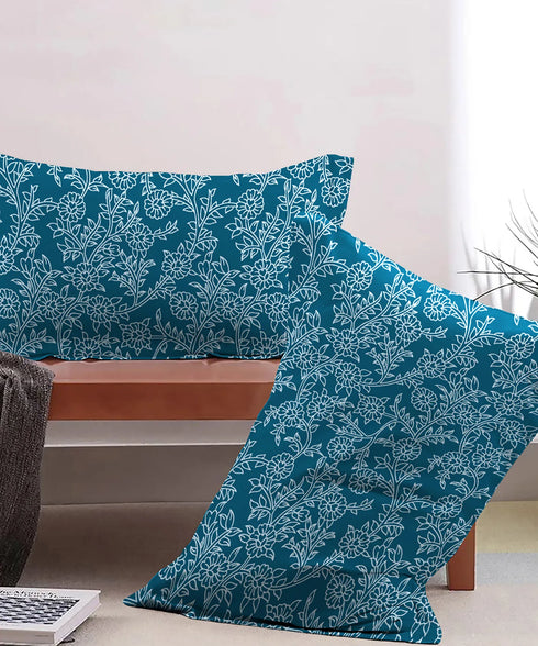 Urban Comfort Pillow Covers Set, Desert Garden Blue|144 TC Cotton