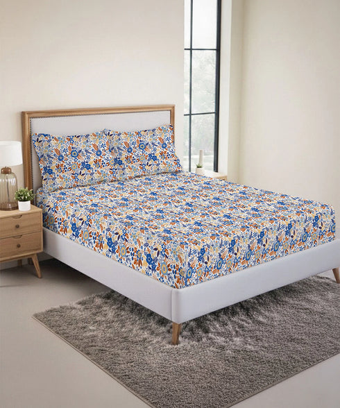 Urban Comfort King Fitted Bedsheet Set, Desert Garden Blue|144 TC Cotton| 2 Pillow Covers