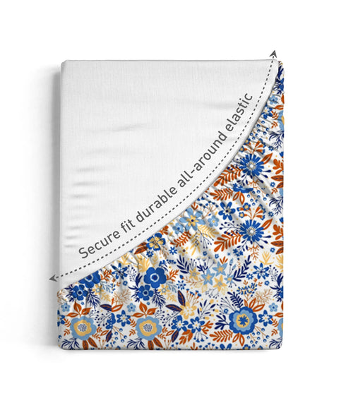 Urban Comfort King Fitted Bedsheet Set, Desert Garden Blue|144 TC Cotton| 2 Pillow Covers