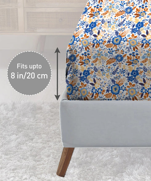 Urban Comfort King Fitted Bedsheet Set, Desert Garden Blue|144 TC Cotton| 2 Pillow Covers