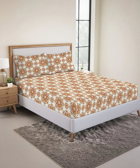 Urban Comfort King Fitted Bedsheet Set, Majestic Mandala Yellow|144 TC Cotton| 2 Pillow Covers