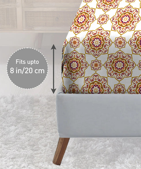 Urban Comfort King Fitted Bedsheet Set, Majestic Mandala Yellow|144 TC Cotton| 2 Pillow Covers