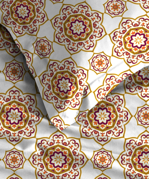Urban Comfort King Fitted Bedsheet Set, Majestic Mandala Yellow|144 TC Cotton| 2 Pillow Covers