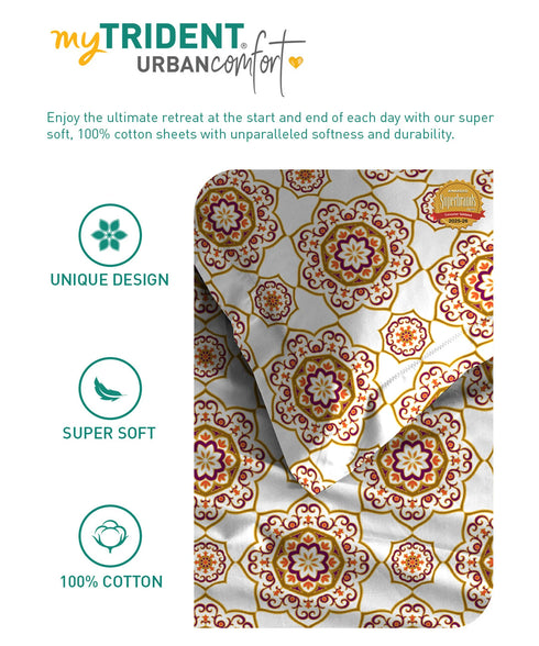 Urban Comfort King Fitted Bedsheet Set, Majestic Mandala Yellow|144 TC Cotton| 2 Pillow Covers