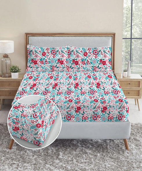 Urban Comfort King Fitted Bedsheet Set, Gardenia Blooms Pink|144 TC Cotton| 2 Pillow Covers