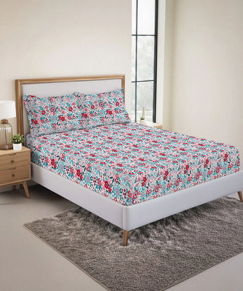 Urban Comfort King Fitted Bedsheet Set, Gardenia Blooms Pink|144 TC Cotton| 2 Pillow Covers