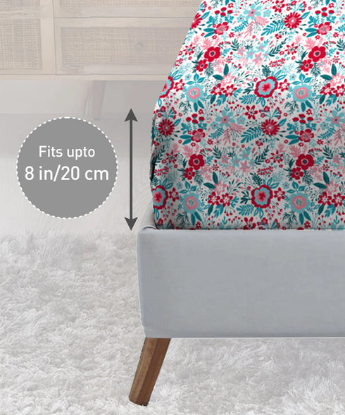 Urban Comfort King Fitted Bedsheet Set, Gardenia Blooms Pink|144 TC Cotton| 2 Pillow Covers