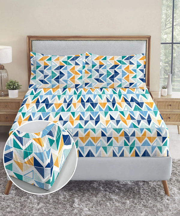 Urban Comfort King Fitted Bedsheet Set, Trippy Triangles Blue|144 TC Cotton| 2 Pillow Covers