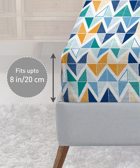 Urban Comfort King Fitted Bedsheet Set, Trippy Triangles Blue|144 TC Cotton| 2 Pillow Covers