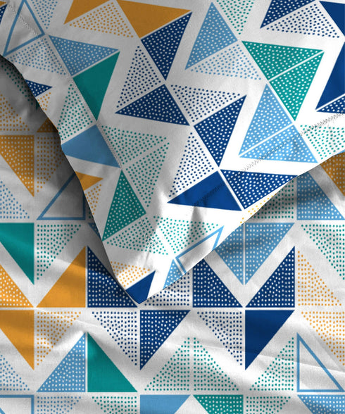 Urban Comfort King Fitted Bedsheet Set, Trippy Triangles Blue|144 TC Cotton| 2 Pillow Covers