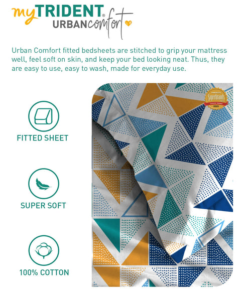 Urban Comfort King Fitted Bedsheet Set, Trippy Triangles Blue|144 TC Cotton| 2 Pillow Covers