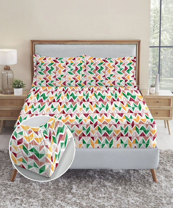 Urban Comfort King Fitted Bedsheet Set, Trippy Triangles Red|144 TC Cotton| 2 Pillow Covers