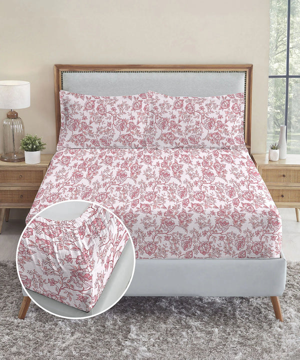 Urban Comfort King Fitted Bedsheet Set, Juliet Pink |144 TC Cotton| 2 Pillow Covers