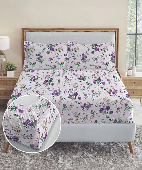 Urban Comfort King Fitted Bedsheet Set, Sunset Purple |144 TC Cotton| 2 Pillow Covers