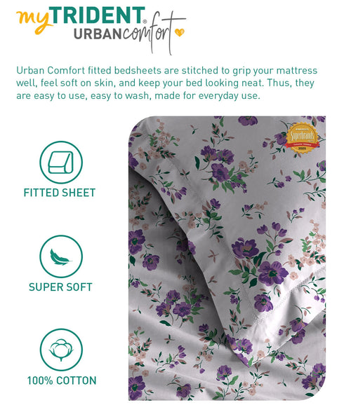 Urban Comfort King Fitted Bedsheet Set, Sunset Purple |144 TC Cotton| 2 Pillow Covers