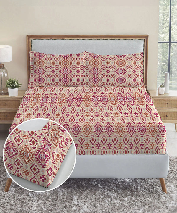 Urban Comfort King Fitted Bedsheet Set, Aria Red |144 TC Cotton| 2 Pillow Covers