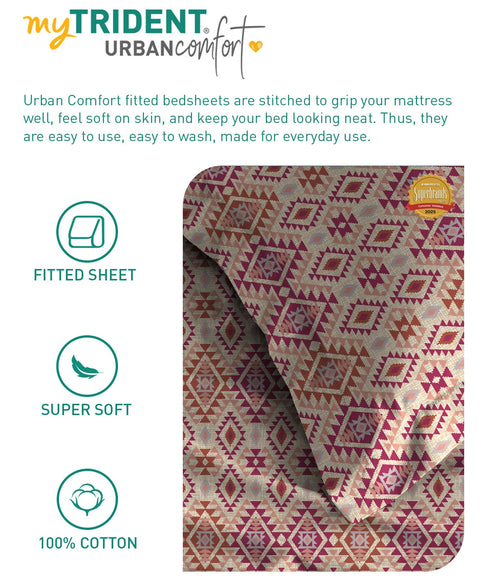 Urban Comfort King Fitted Bedsheet Set, Aria Red |144 TC Cotton| 2 Pillow Covers