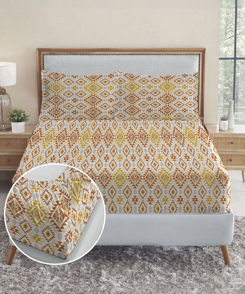 Urban Comfort King Fitted Bedsheet Set, Aria Yellow |144 TC Cotton| 2 Pillow Covers