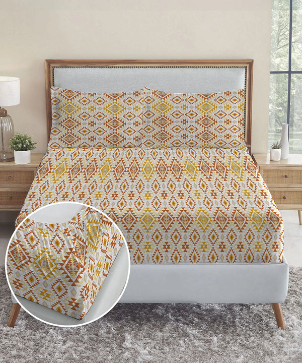 Urban Comfort King Fitted Bedsheet Set, Aria Yellow |144 TC Cotton| 2 Pillow Covers