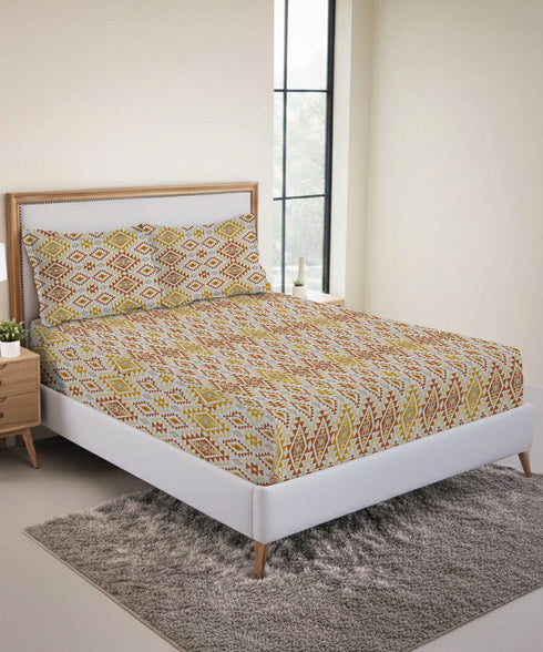 Urban Comfort King Fitted Bedsheet Set, Aria Yellow |144 TC Cotton| 2 Pillow Covers