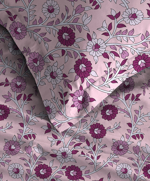 Urban Comfort King Fitted Bedsheet Set, Desert Gardern Pink|144 TC Cotton| 2 Pillow Covers