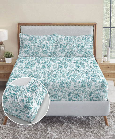 Urban Comfort King Fitted Bedsheet Set, Juliet Blue |144 TC Cotton| 2 Pillow Covers