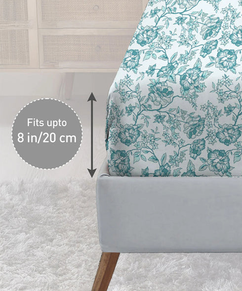 Urban Comfort King Fitted Bedsheet Set, Juliet Blue |144 TC Cotton| 2 Pillow Covers