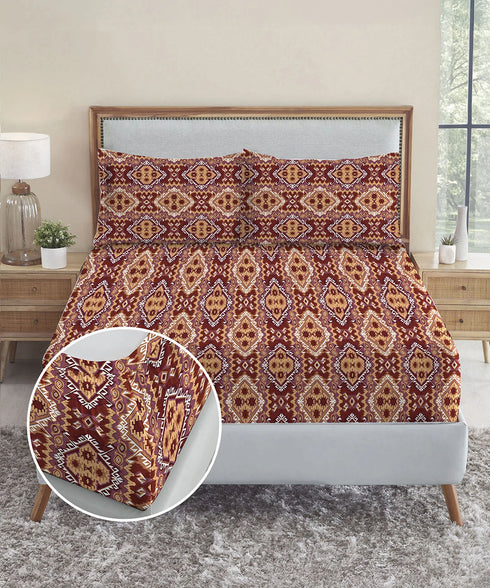 Urban Comfort King Fitted Bedsheet Set, Modern Brown |144 TC Cotton| 2 Pillow Covers