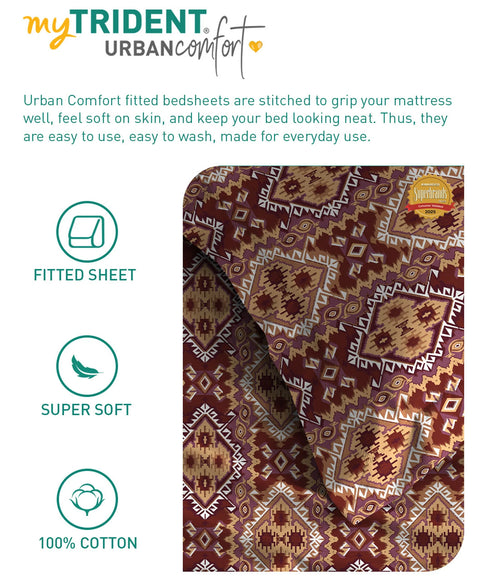 Urban Comfort King Fitted Bedsheet Set, Modern Brown |144 TC Cotton| 2 Pillow Covers