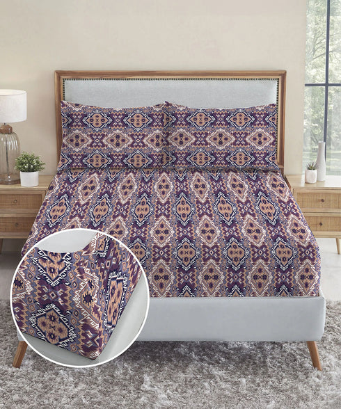 Urban Comfort King Fitted Bedsheet Set, Modern Indigo|144 TC Cotton| 2 Pillow Covers