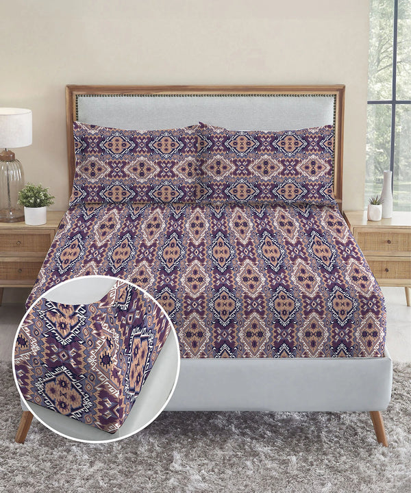 Urban Comfort King Fitted Bedsheet Set, Modern Indigo|144 TC Cotton| 2 Pillow Covers