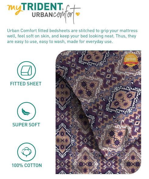 Urban Comfort King Fitted Bedsheet Set, Modern Indigo|144 TC Cotton| 2 Pillow Covers