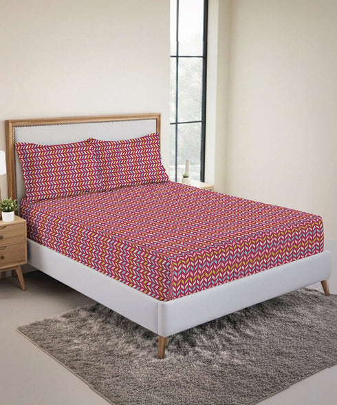 Urban Comfort King Fitted Bedsheet Set, Party Mood Pink|144 TC Cotton| 2 Pillow Covers