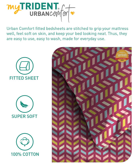 Urban Comfort King Fitted Bedsheet Set, Party Mood Pink|144 TC Cotton| 2 Pillow Covers