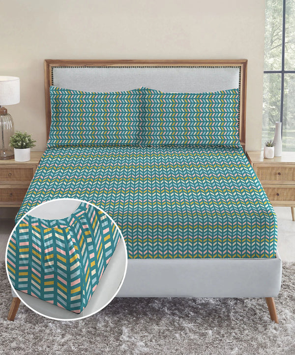 Urban Comfort King Fitted Bedsheet Set, Party Mood Teal|144 TC Cotton| 2 Pillow Covers