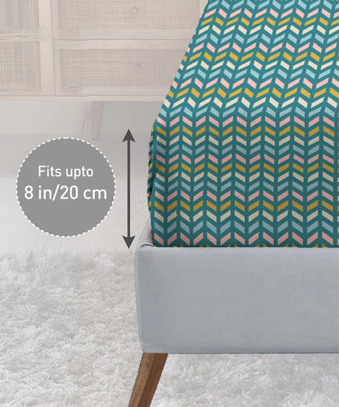 Urban Comfort King Fitted Bedsheet Set, Party Mood Teal|144 TC Cotton| 2 Pillow Covers